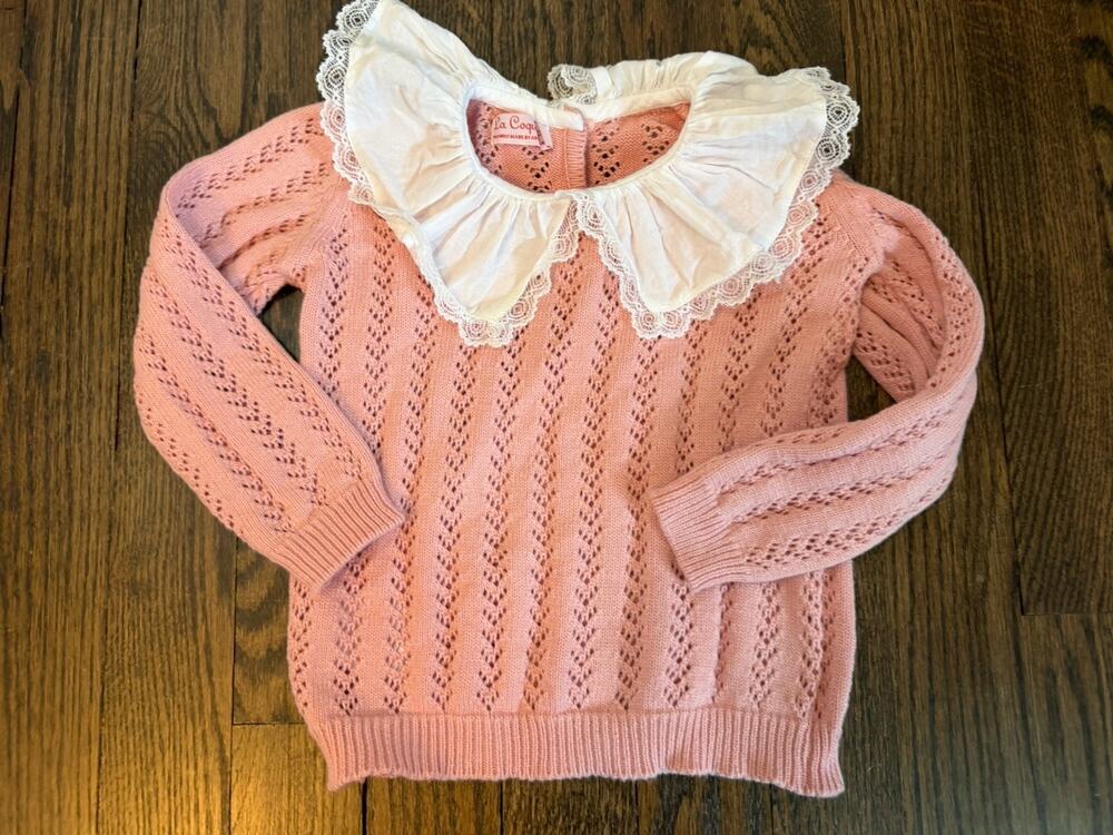 La Coqueta Pink Cotton Lace Collared Sweater Sz 2